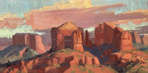 Red rocks and setting sun by lydia gatzow 12x24 oil chamber