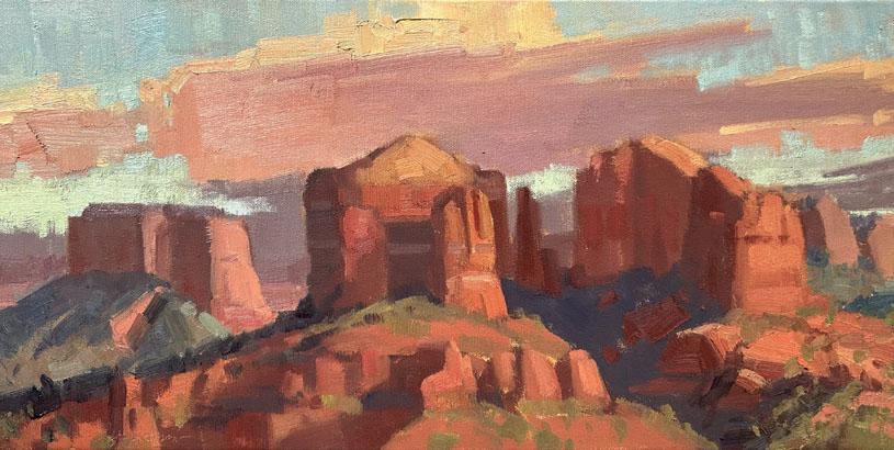 Red rocks and setting sun by lydia gatzow 12x24 oil chamber